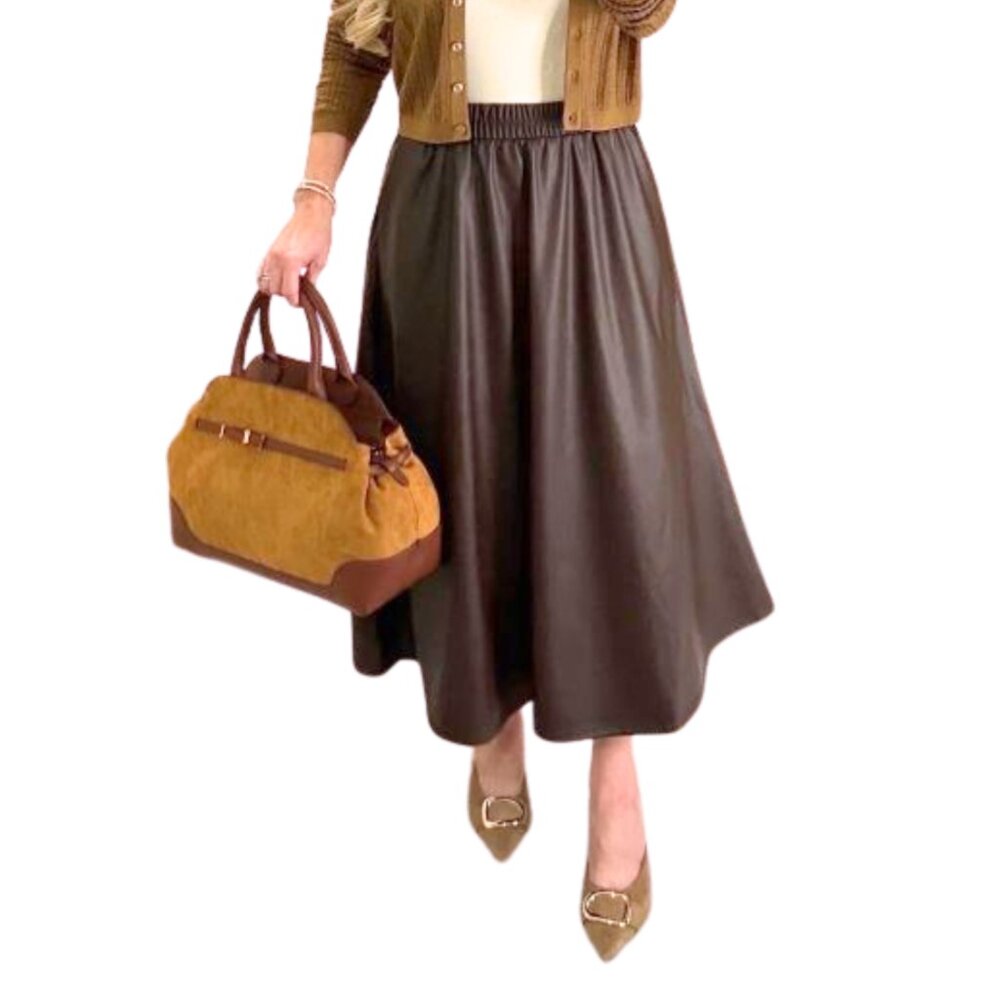 A New Day Skirt Womens XS Brown Faux Leather A-Line Midi Elastic Waist Pockets